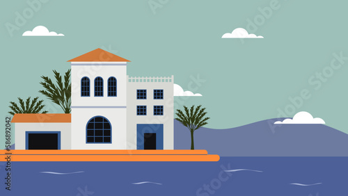 Mediterranean House with Sea View - Vector Illustration of Traditional Architecture and Coastal Landscape