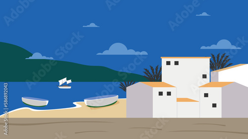 Colorful Spanish Village on the Coast Vector Illustration