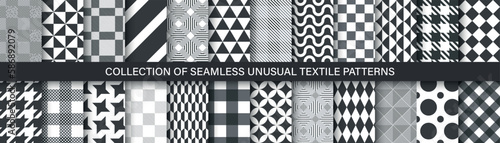 Collection of vector black and white seamless patterns. Simple geometric textures - repeatable textile backgrounds. Monochrome unusual design, trendy fabric prints