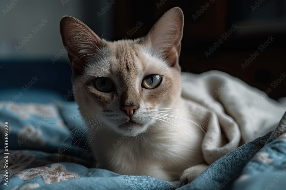 A picture of a short haired cat lying down on a blanket. Generative AI