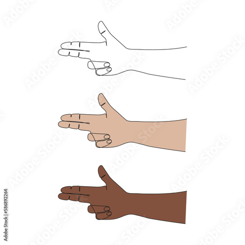Hand making the gun sign with two fingers extended. Hand language. One line art. Pose and gesturing. Hand drawn vector illustration.