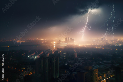 lightning in the city, storm with dark clouds
