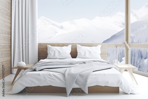 White bedding and pillows in a contemporary white bedroom with a background of snow capped mountains. Generative AI © AkuAku