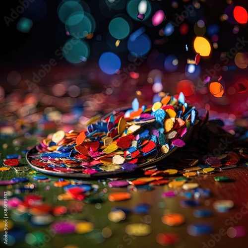 Multi-colored bright confetti on a backdrop with bokeh effect. Abstract glamour texture for holiday party. Generative Ai © makstorm