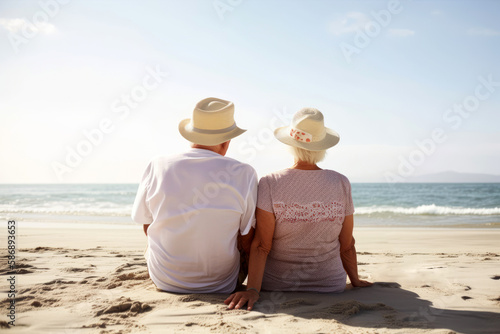 Altes Paar sitzt am Strand und schaut aufs Meer - Generative AI