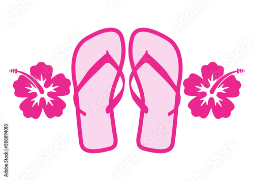 Destino de vacaciones. Logo flip flops. Icono calzado de playa. Silueta de flor de hibisco hawaiana con chanclas