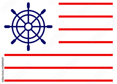Logo Nautical. Bandera de Estados Unidos de América con timón de barco con líneas en rojo y azul