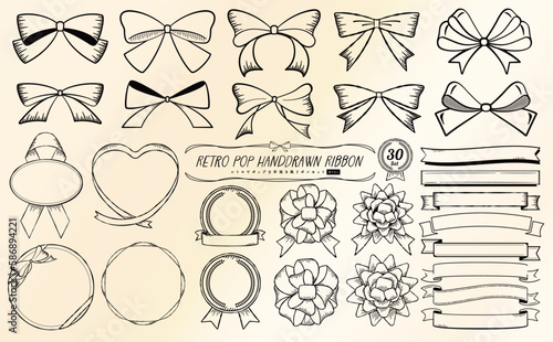 レトロポップでかわいいビンテージ風ペンてがきベクターりぼんイラストとフレームの素材セット_主線黒_塗り透過