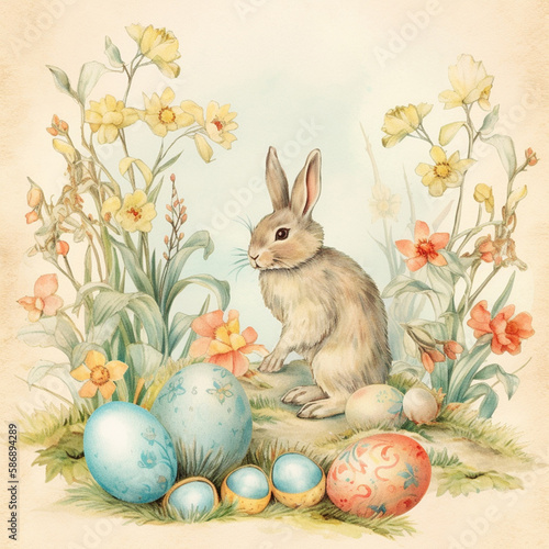 vintage retro easter card with watercolor pastel colors, easter eggs in basket with bunny and birds © barinovalena