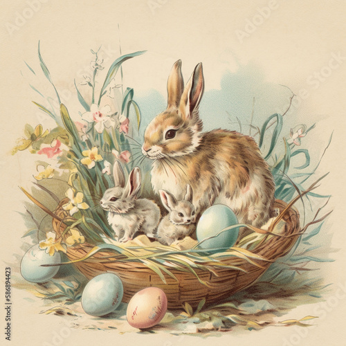 vintage retro easter card with watercolor pastel colors, easter eggs in basket with bunny and birds