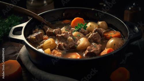A simmering pot of savory beef stew, filled with tender chunks of meat and hearty vegetables, Generative AI