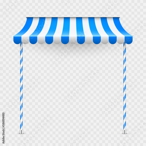 Blue shop sunshade with stand holders. Realistic striped cafe awning. Outdoor market tent. Roof canopy. Summer street store. Vector illustration