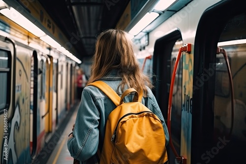 a young woman with a backpack from behind is walking through a station between trains - Generative AI