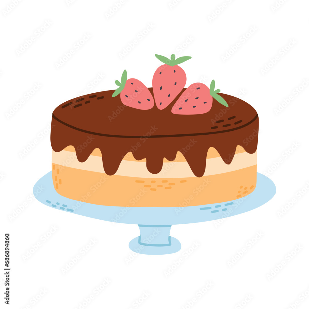 Chocolate cake with strawberries in flat style. Vector illustration. Cake on a plate isolated on a white background. Chocolate cake with strawberries in flat style. Vector illustration. Cake on a plate isolated on a white background.