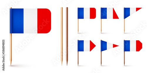 Realistic various French toothpick flags. Souvenir from France. Wooden toothpicks with paper flag. Location mark, map pointer. Blank mockup for advertising and promotions. Vector illustration