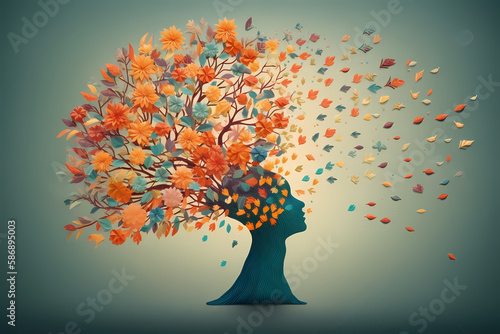 Human head with flowers, psyche, health, positive thinking, creative mind. Generative AI