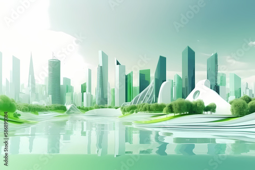 Sustainable living in the modern green city of the future, background illustrated, Generative AI