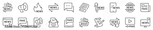 Line icons about news, mass media and fake news. Thin line icon set. Symbol collection in transparent background. Editable vector stroke. 512x512 Pixel Perfect.