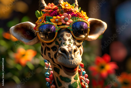 A happy-go-lucky giraffe wearing a flowery lei and sunglasses  standing tall and munching on a leafy branch with a big smile
