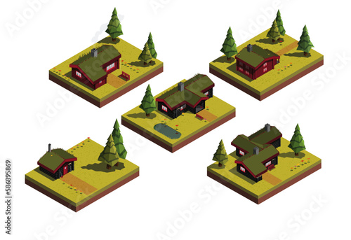 Set of modular / isometric log cabins in the woods