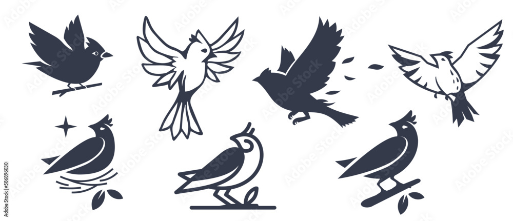 Obraz premium Vector set of illustration of beautiful flying and sitting on branch and in nest bird on white color background. Black and white line art flat style design of bird