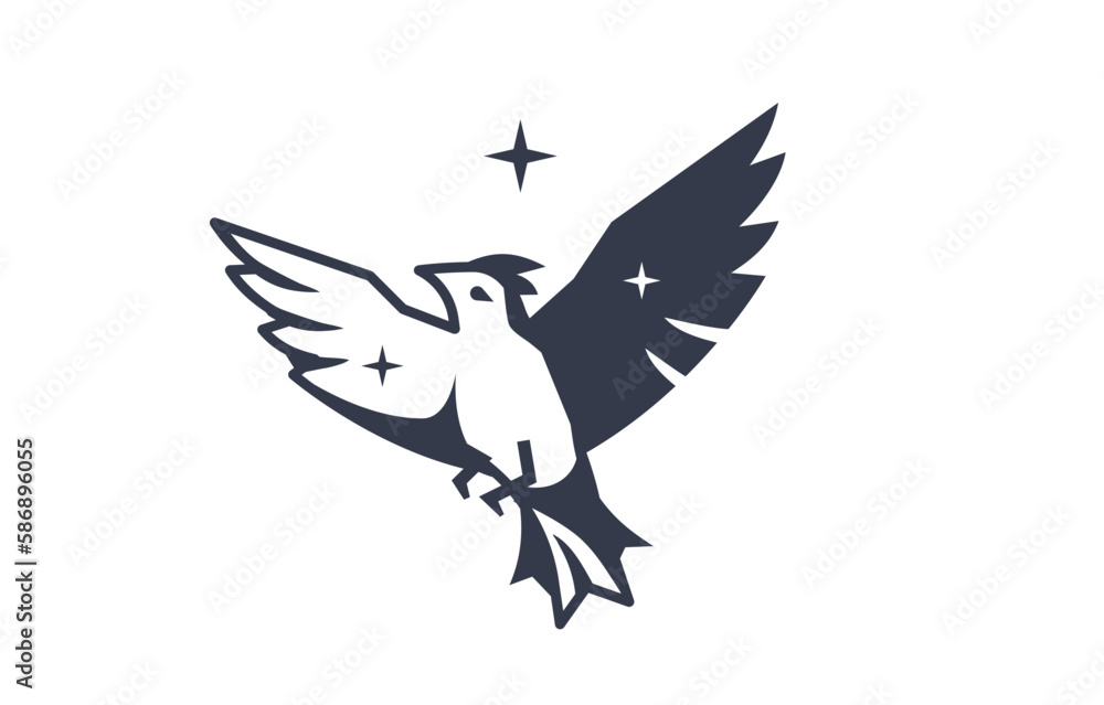 Obraz premium Vector illustration of beautiful flying bird on white color background with star. Black and white line art style design of bird with wing