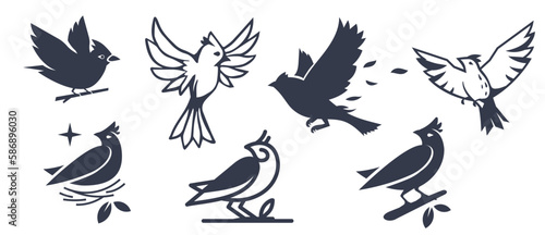 Vector set of illustration of beautiful flying and sitting on branch and in nest bird on white color background. Black and white line art flat style design of bird
