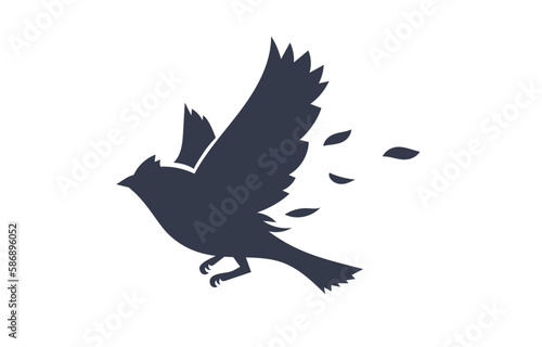 Vector illustration of beautiful flying black bird with wing and feather on white color background. Black and white flat style design of bird