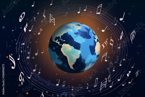 A planet earth with music notes around it World Music Day Generative AI photo