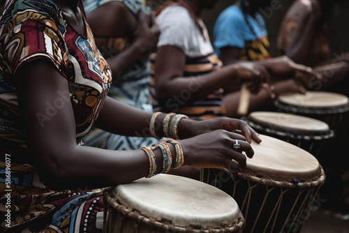 A group of people playing drums in a row World Music Day Generative AI photo