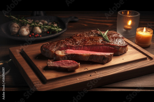 Fried grilled beef meat sliced medium rare steak on a wooden board