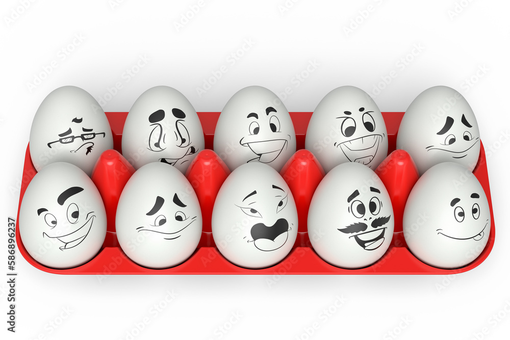 Farm white egg with expressions and funny face in plastic tray or cardboard Farm white egg with expressions and funny face in plastic tray or cardboard