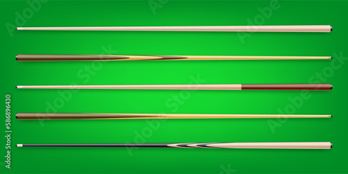 Various wooden billiard cues on green background. Snooker sports equipment. Vintage pool cue. Active recreation and entertainment. Vector illustration
