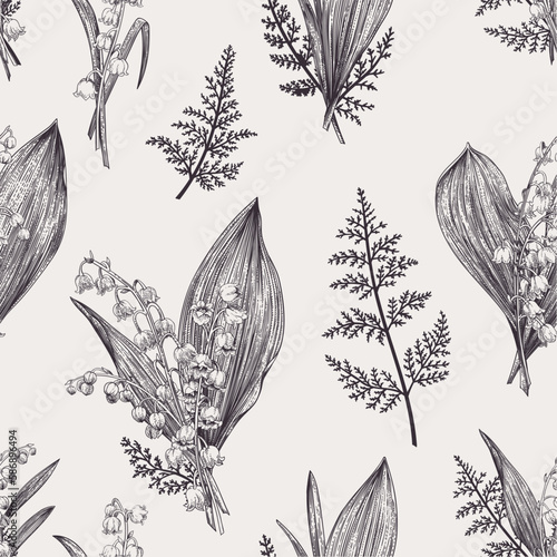 Spring seamless pattern with lily of the valley flowers. Botanical vector illustration. Background for textile or book covers, manufacturing, wallpapers, print, gift wrap. Black and white.