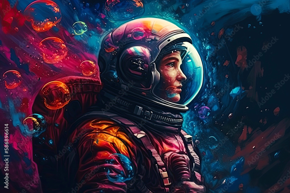 Astronaut in a spacesuit, on the background of open space.Colorful Generative AI illustration Human space flight. Astronaut explores space. Astronaut in a spacesuit, on the background of open space.Colorful Generative AI illustration Human space flight. Astronaut explores space.