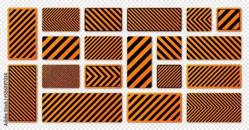 Various black and orange warning signs with diagonal lines. Attention, danger or caution sign, construction site signage. Realistic notice signboard, warning banner, road shield. Vector illustration