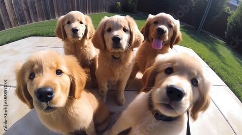 A group of happy golden retriever puppies taking selfies together © Eli Berr