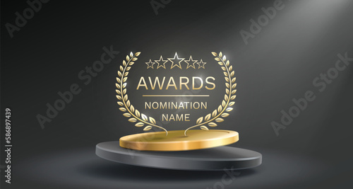 Awards nomination name podium, golden prize event, scene star ceremony. Vector illustration