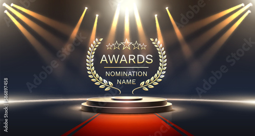 Awards nomination name podium, golden prize event, scene star ceremony. Vector illustration