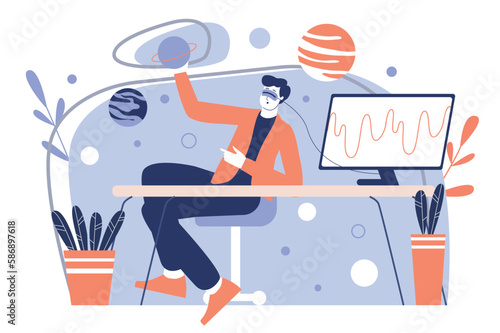 Blue concept Metaverse with people scene in the flat cartoon design. Man has entered the metaverse with the help of gadgets and digital technology. Vector illustration.