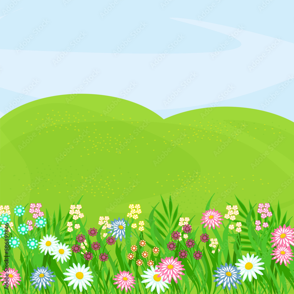 Fototapeta premium Beautiful landscape. Meadow, hills and colorful flowers. Background for the design. Pattern. Vector