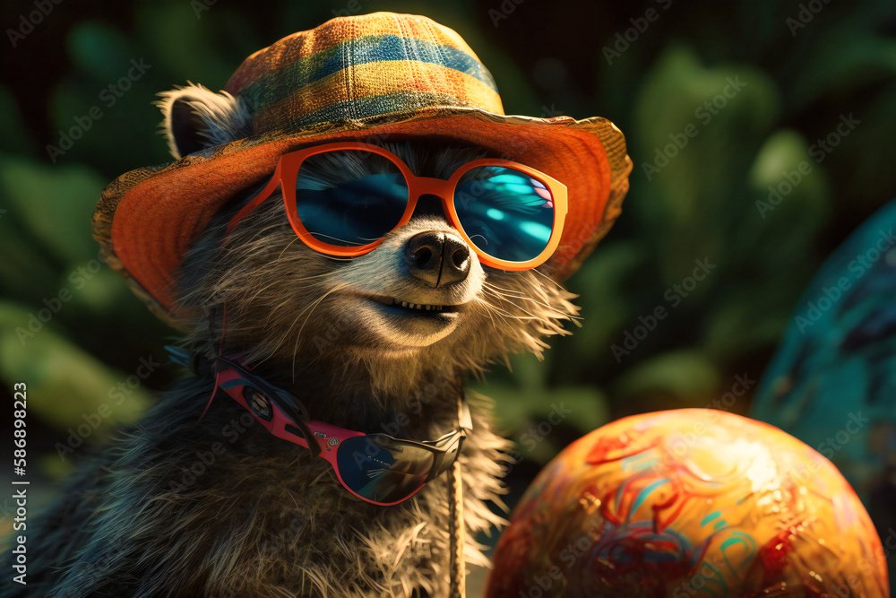 A silly-looking raccoon dog wearing a summer hat and sunglasses, playing with a beach ball and looking adorable