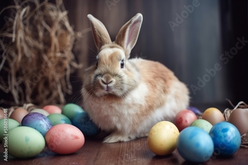 Happy Easter Bunny with many colorful easter eggs. Generative AI Technology © Luisa