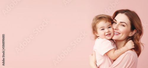Mother and kid on pink background , Generative Ai