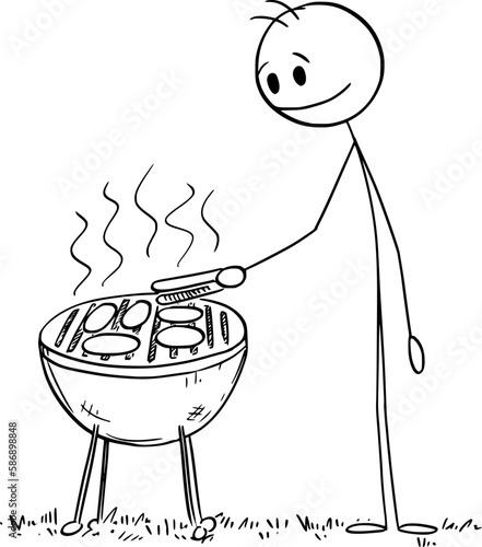 Summer Barbecue , Vector Cartoon Stick Figure Illustration