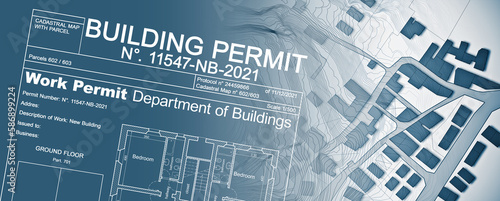 Buildings Permit concept with imaginary cadastral map - building activity and construction industry concept with city map and building work permission