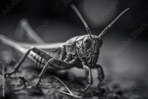 monochromatic photograph of a grasshopper. Generative AI © AkuAku