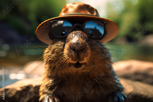 A curious beaver wearing a safari hat and sunglasses, peeking out from behind a dam with a paw raised and a curious expression © Nilima