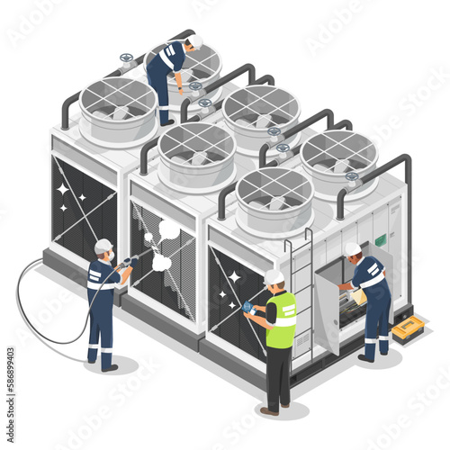 Industrial large Air Conditioner Engineer and technician Cleaning Machine and Maintenance Concept on roof of factory isolated Isometric illustration cartoon vector photo