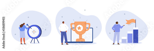 Success illustration set. Characters setting goals, objectives, successfully accomplish achievement and receiving rewards. Business concept. Vector illustration.